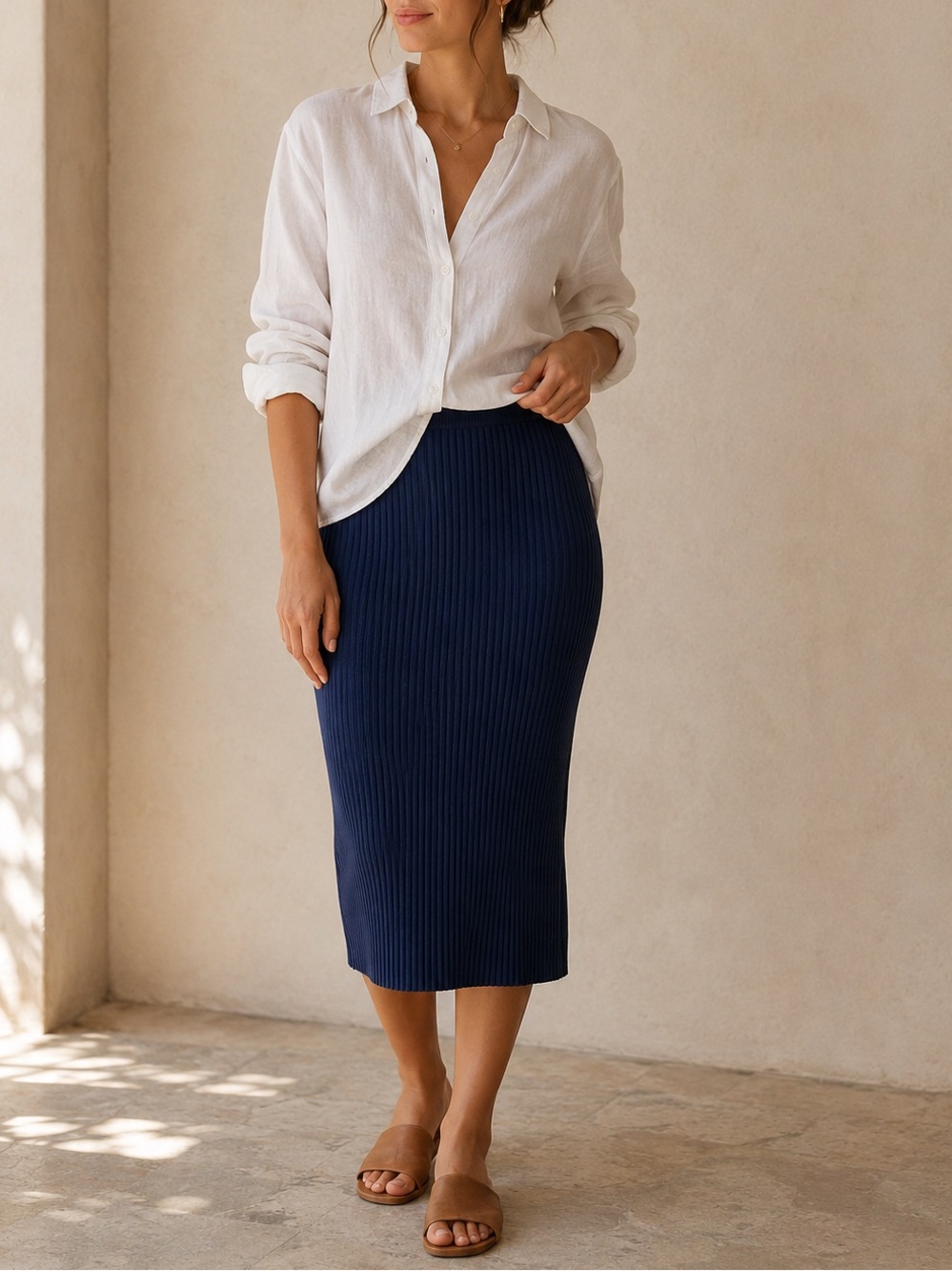 Peruvian Connection Rib Knit Column Skirt Ink Blue Pima Cotton Modal Boho Chic S